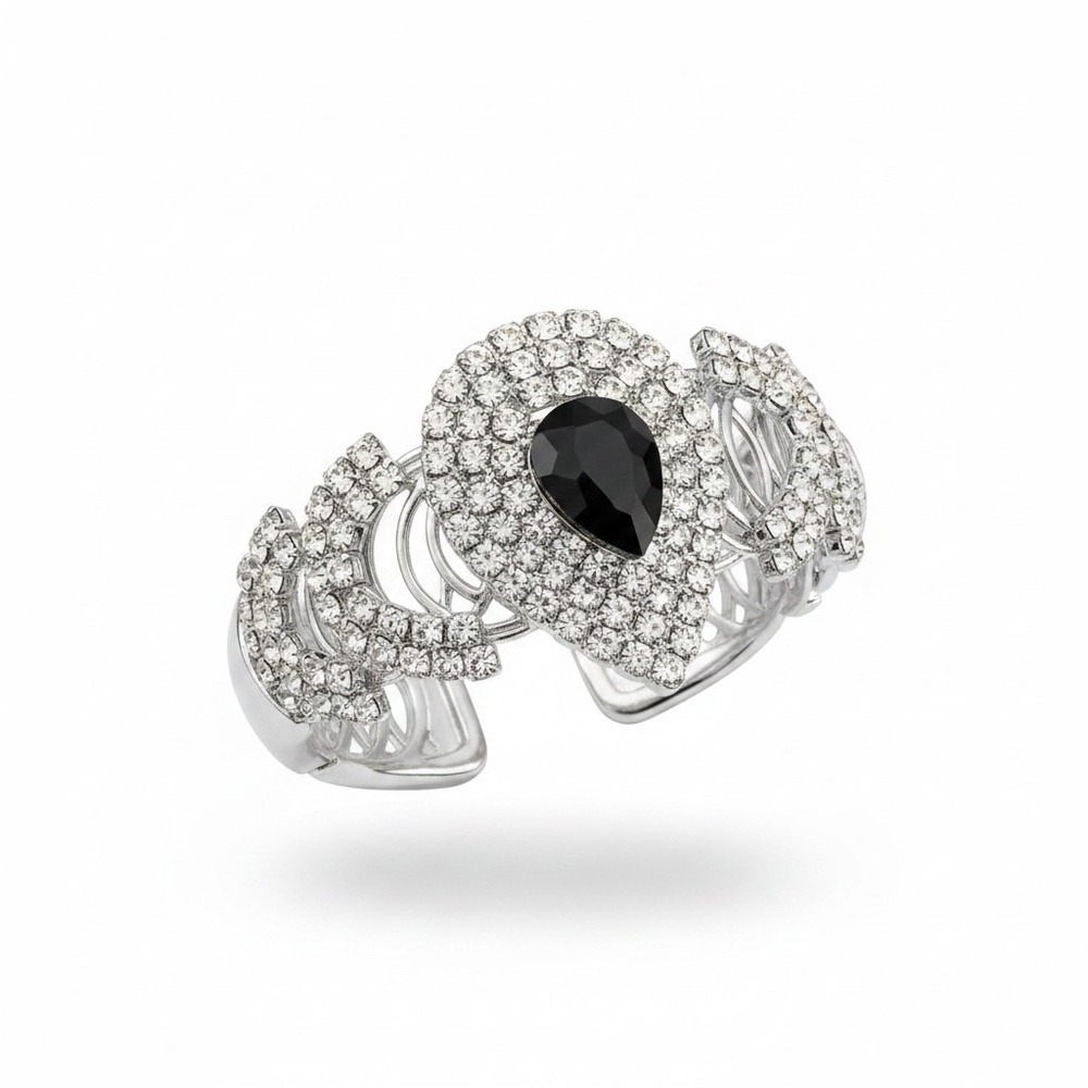 Statement Black Pear Crystal Cuff Bracelet Silver Tone Art Deco Style Rhinestone